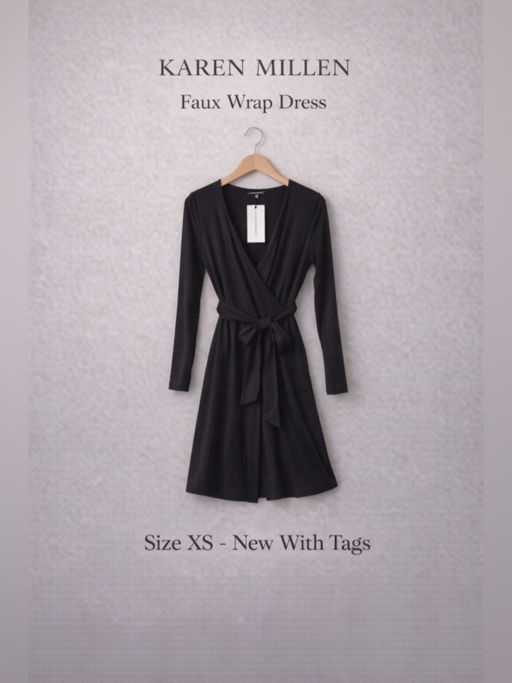 Karen Millen Black Faux Wrap Dress Long Sleeve Belted XS NWT